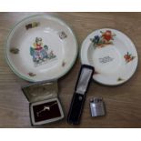 A Horse and Crop tie clip, a cravat pin, a 1940's Ronson lighter and two 1940's Children's bowls.