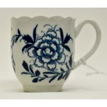 An uncommon Worcester blue and white coffee cup, decorated with 'The Scalloped Peony' pattern,