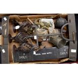 Wrought iron candelabra, drill brace, mincer, money box, tripod and Wade ware,