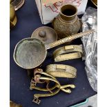 A collection of brass and copper including a pair of stirrups (Middle Eastern) spurs, tea pot,
