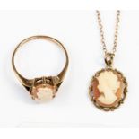 A 9ct gold small cameo dress ring, size M; together with a matching pendant and chain,