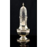 A George V silver shaker, octagonal section baluster form with pierced dome lid, Edward Viner,
