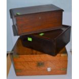 A Victorian oak brass bound slope front writing box together with two further miscellaneous boxes,
