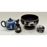 A Wedgwood black Jasper Ware, circa 1971, pedestal fruit bowl together with box and cover and vase,