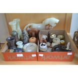Two boxes of assorted onyx items, including vases, Art Deco book ends, bowls, table lighter, owl,