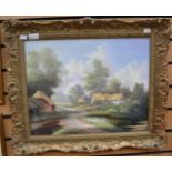 Six furnishing paintings depicting pastoral/rural scenes, five oil on board and one canvas,