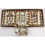 A glazed frame of coins includes USA dollar 1902 with a box of coins, includes crowns 1890,