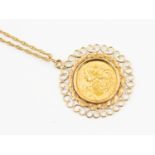 A George V half sovereign, dated 1911 in pierced pendant mount, on fine link chain, stamped 9k,