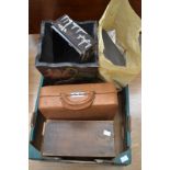 Various items to include a wooden first aid box, a vanity case, a bag of postcards etc.