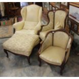 Two 1920's reproduction study chairs plus pouffe and matching fire side arm chair