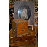 Campaign decanter box Victorian writing box and woolwork picture,