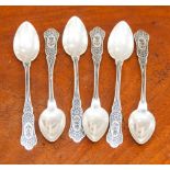 A set of six white metal coffee spoons, possibly Russian,