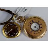 A Dennison gold plated half hunter pocket watch, white enamel dial, Roman numerals,