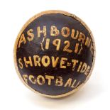 Shrovetide: A painted Shrovetide football, 'Ashbourne 1921 Shrove-tide Football' to front,