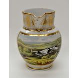 Early 19th century Derby hand painted jug depicting a Greyhound chasing a hare,