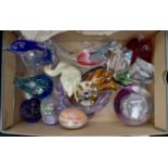 A collection of glass wares including paperweights and figures (Q)