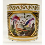 A Derby Bloor large mug, painted with a panel of exotic birds, printed mark, height 13 cms,