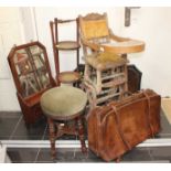 Three wall mirrors, Victorian with drawer, early Edwardian high chair, cakestand,