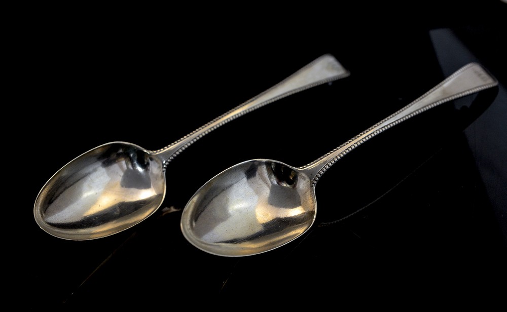 A pair of George III silver Old English beaded tablespoons, London 1779, - Image 2 of 2