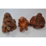 Three wooden Japanese Netsuke tortoise frogs and Buddah