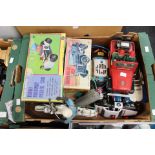 Collection of tinplate battery operated police cars plus police motorcycle and fire chief jeep by