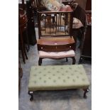 One pink and one green upholstered foot stools with cabriole legs together with a mahogany dressing