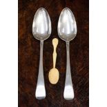 A pair of George IV Old English pattern tablespoons, together with a bone prisoner of war spoon.