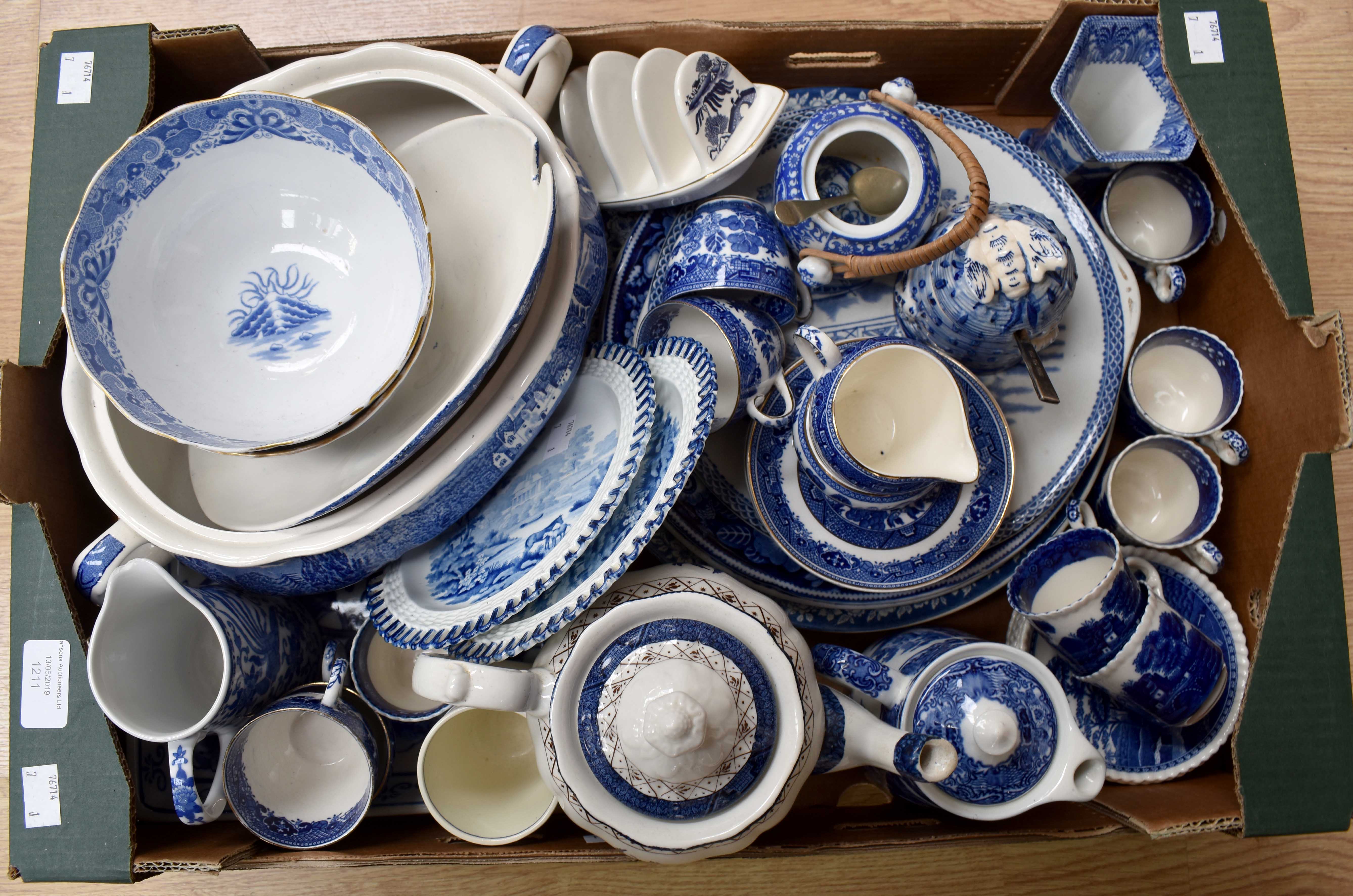 Qty blue/white ceramics including Spode, Copeland, Davenport, Noritake and others.