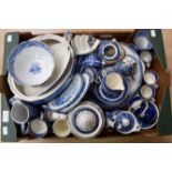 Qty blue/white ceramics including Spode, Copeland, Davenport, Noritake and others.
