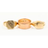 Three 9ct gold rings including thwo signet rings and a 9ct rose gold band,