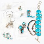 Fourteen items of silver and white metal set turquoise type jewellery