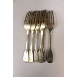 A set of six George III silver table forks, London 1820,