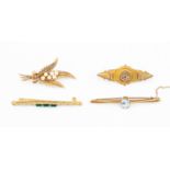 Three 9ct gold brooches comprising a Victorian mouring brooch set with paste,