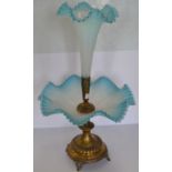 Victorian Epergne with blue Vaseline glass vase and dish