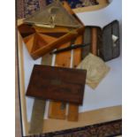 Scale rulers, rules, Parquetry box, draughtsman tools etc,