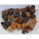 A collection of Treen boxes, including carved nuts,