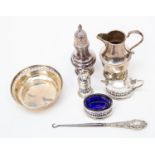 Mixed silver including pin dish, cream jug, sugar shaker, pepper,