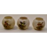 A set of three Royal Worcester blush ivory ornithology ovoid vases, shape G.161 (one S.