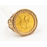 A George V half sovereign, dated 1912, mounted in 9ct ring with pierced shoulders, size Q,