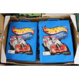 Two Hot Wheels carry cases and 18 carded Hot Wheels vehicles
