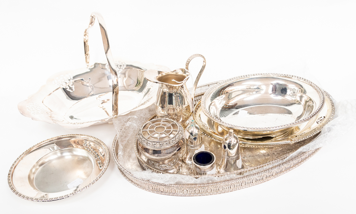 Collection of silver plated items including two trays, salt and pepper, posy vase, two baskets,