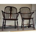 Two 19th Century Windsor chairs one fiddle back H stretchers yew and oak