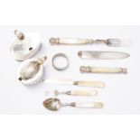 A collection of silver including: a William IV silver three piece cutlery suite, comprising knife,