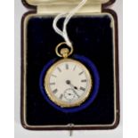 An 18ct gold open faced ladies pocket watch, white enamel dial, Roman numerals, subsidiary dial,