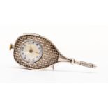 A vintage silver watch fob in the form of a tennis racket, brooch fitting,