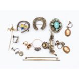 Two horse shoe brooches and costume jewellery