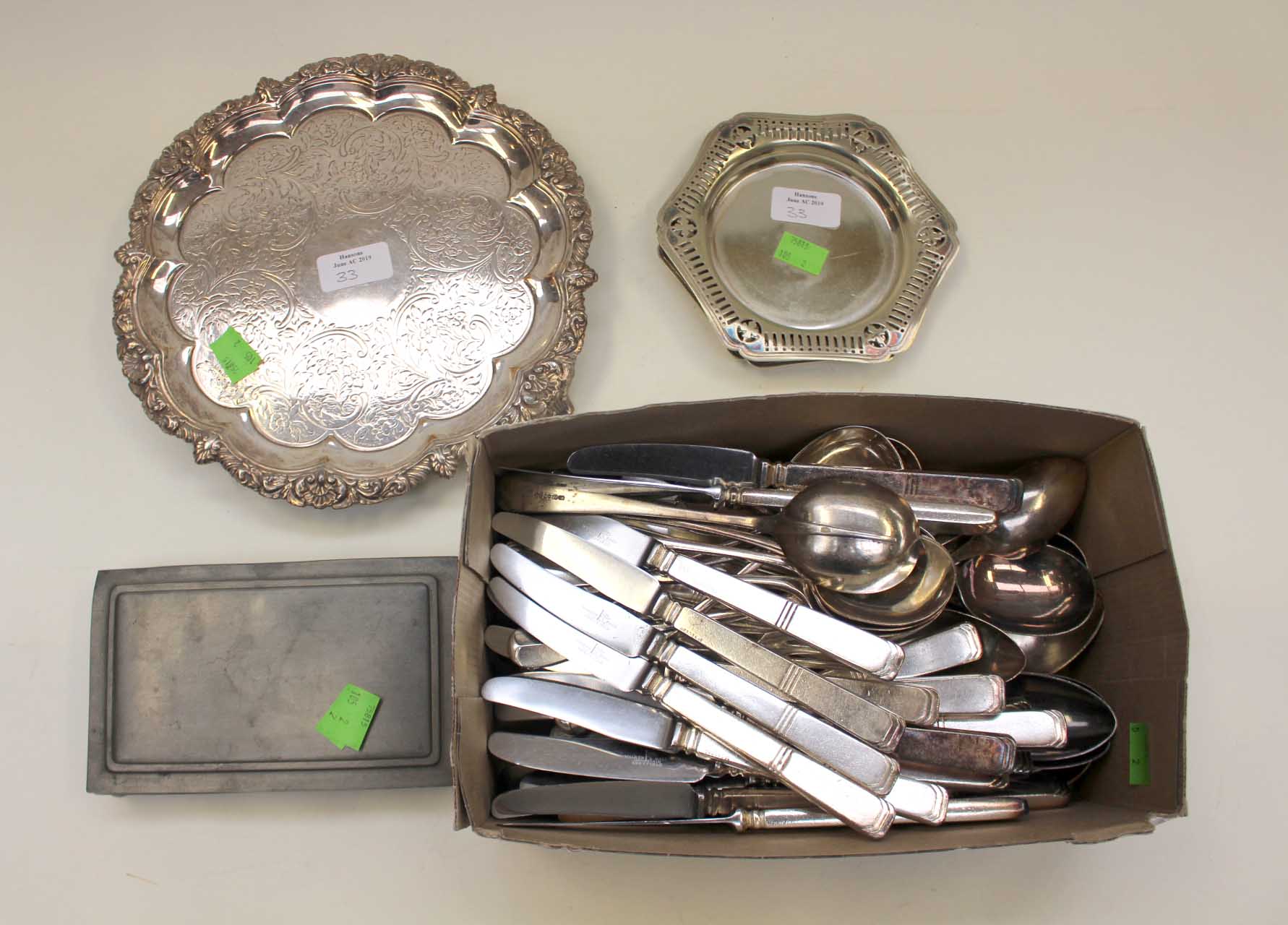 Plated flat ware with pewter Norwegian cigarette box and plate tray