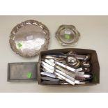 Plated flat ware with pewter Norwegian cigarette box and plate tray