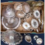 A quantity of silver plated ware to include two serving dishes, four piece tea set, tray, dishes,