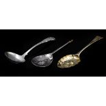 A George III silver dessert spoon, converted to a berry spoon, circa 1762,